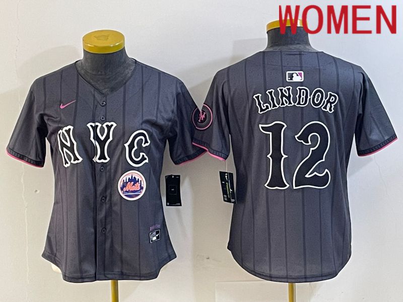 Women New York Mets #12 Lindor Black City Edition 2024 Nike MLB Jersey style 2->women mlb jersey->Women Jersey